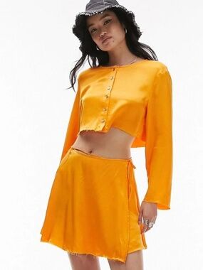 Topshop satin raw edge set - wrap mini skirt and blouse in orange